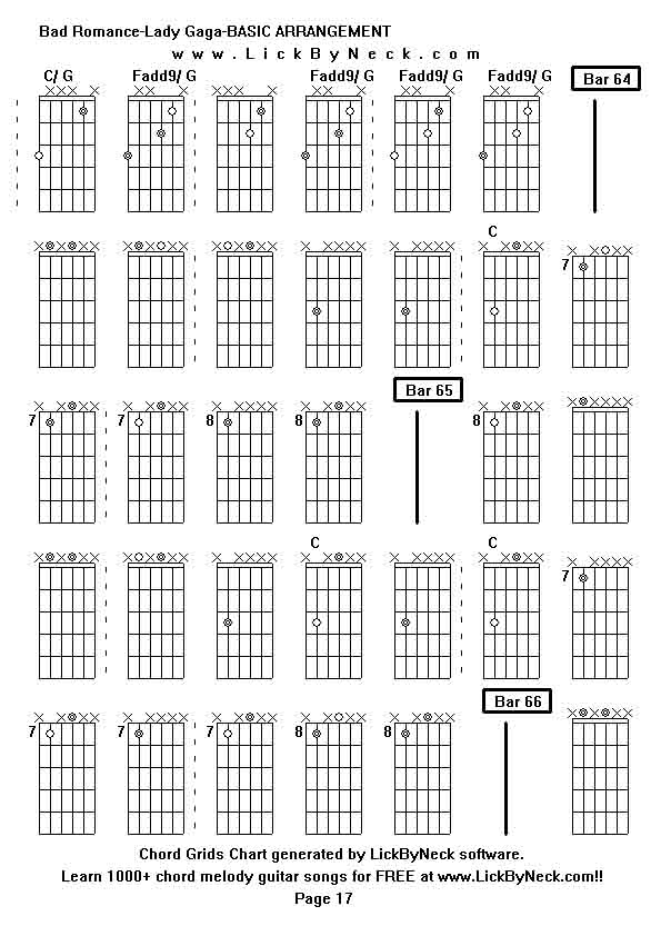 Chord Grids Chart of chord melody fingerstyle guitar song-Bad Romance-Lady Gaga-BASIC ARRANGEMENT,generated by LickByNeck software.